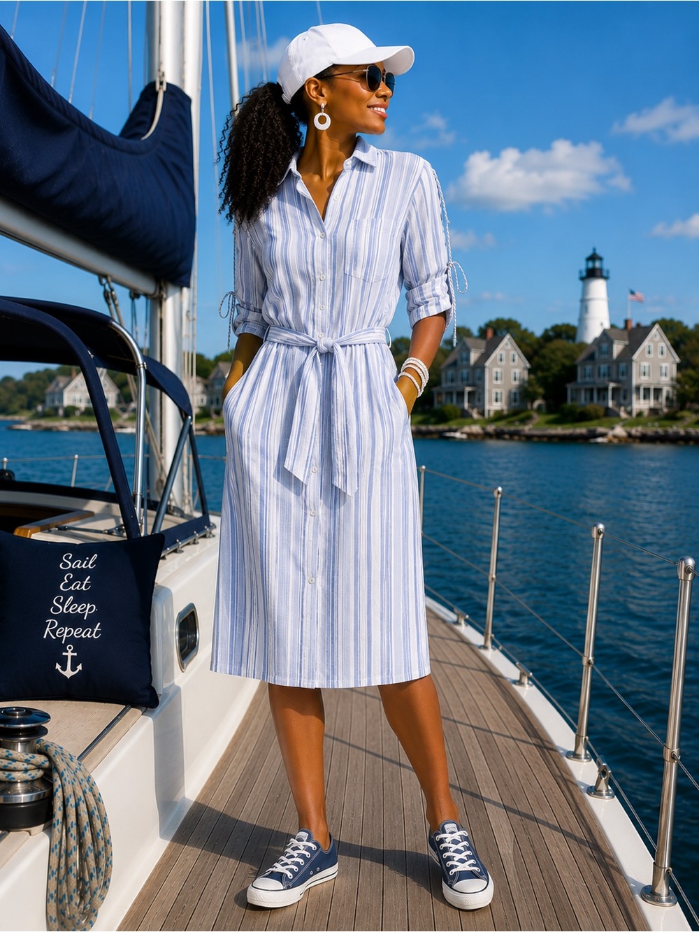 V by Violet Weekend Blue & White Vertical Striped Tie-Waist Shirt Dress